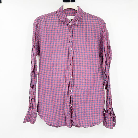 Barneys New York Mens Beachy Gingham Plaid 100%‎ Linen Button Up Shirt Size S - Picture 1 of 6
